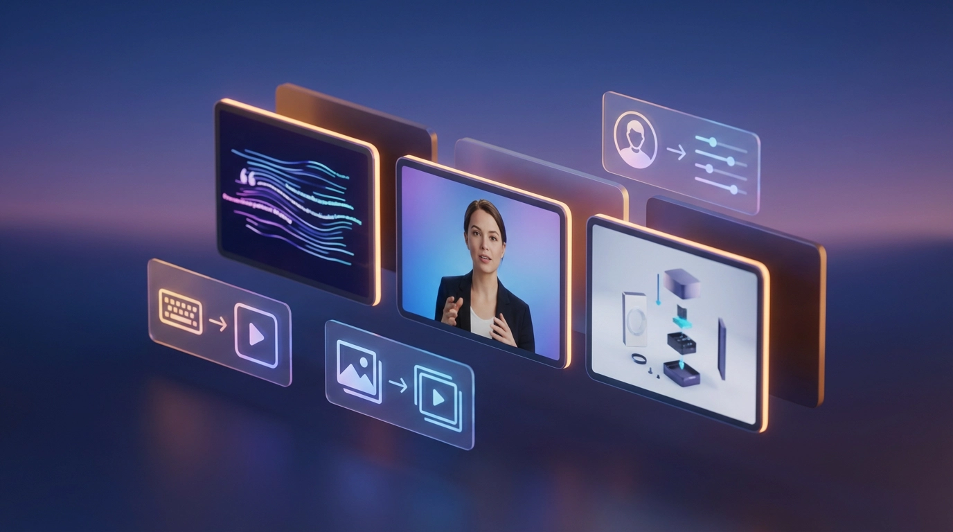 Visual interface concept showing how the best AI video generators transform text, images, and scripts into automated video content using artificial intelligence.