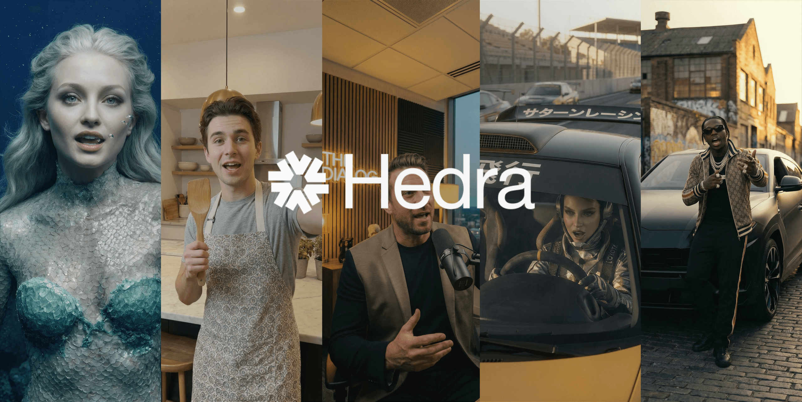 Hedra logo over a five-panel collage: mermaid, cook with spatula, podcast host, race driver, and man posing by a car
